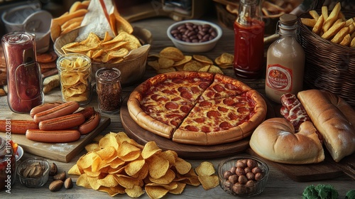 An indulgent spread of processed foods featuring pizza, hot dogs, crispy chips, and french fries, perfect for comfort food photo