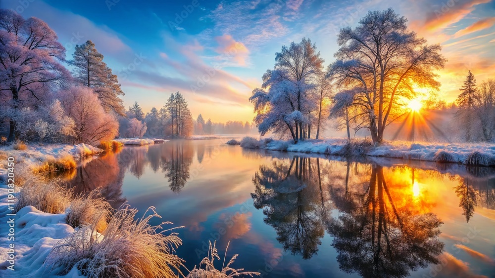 Surreal Winter Sunrise: Enchanting Forest Lake Surreal Winter Sunrise: Enchanting Forest Lake