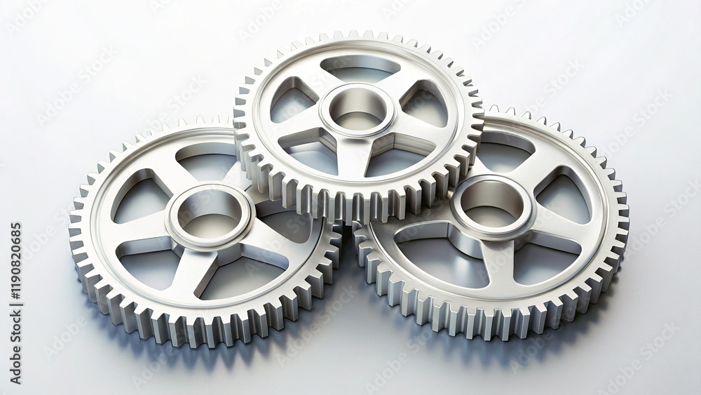 White Metal Cog Wheels, Interlocking Gears, Top View, UI Elements, Mechanical Parts White Metal Cog Wheels, Interlocking Gears, Top View, UI Elements, Mechanical Parts