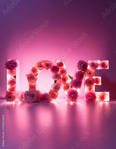 Generated image Word Love decorated with delicate roses on pink neon background. Valentine's Day concept