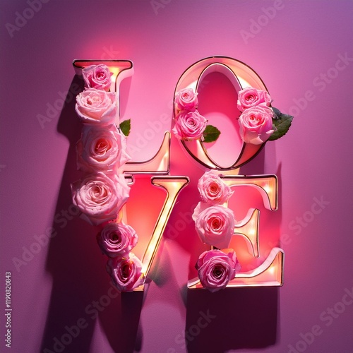 Generated image Word Love decorated with delicate roses on pink neon background. Valentine's Day concept