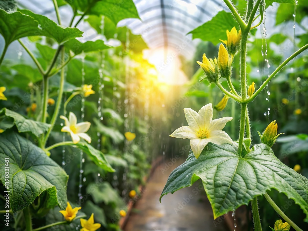 Fototapeta premium Long Exposure Blooming Cucumber Greenhouse - Vibrant Green Plants & Soft Light