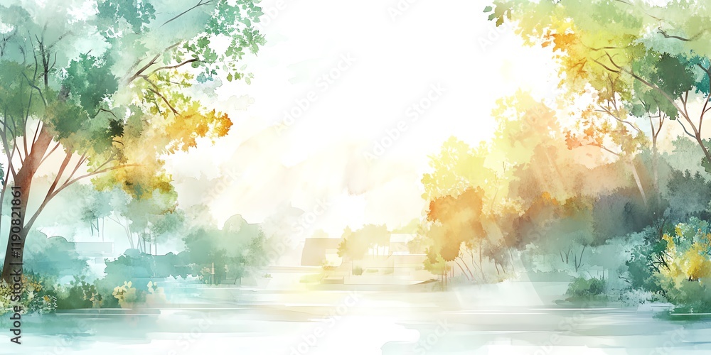 Fototapeta premium Serene watercolor landscape painting of a tranquil lake nestled amongst lush green trees bathed in soft sunlight.