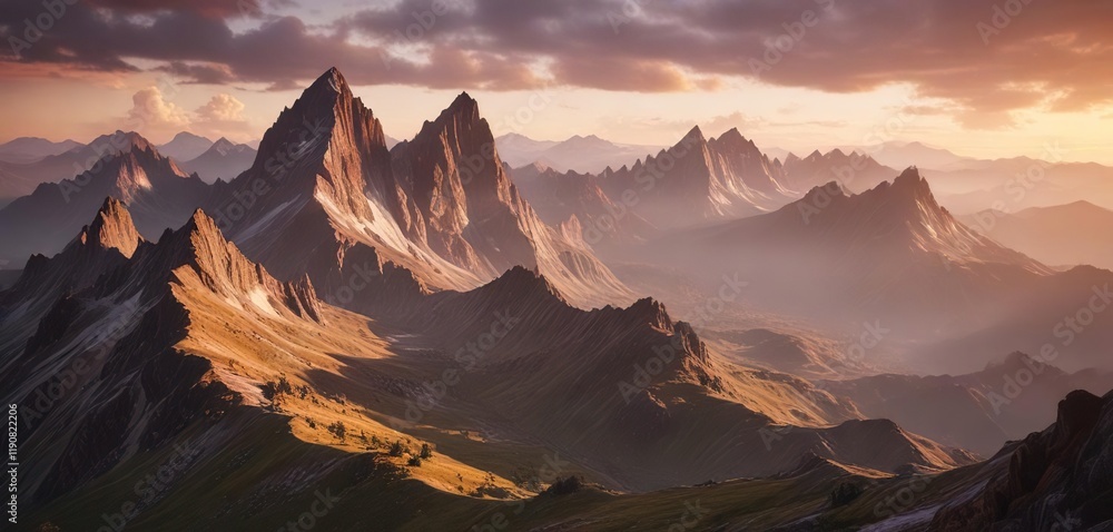 Naklejka premium Dramatic mountain peaks with rugged terrain and misty valleys at sunset, atmospheric , mist