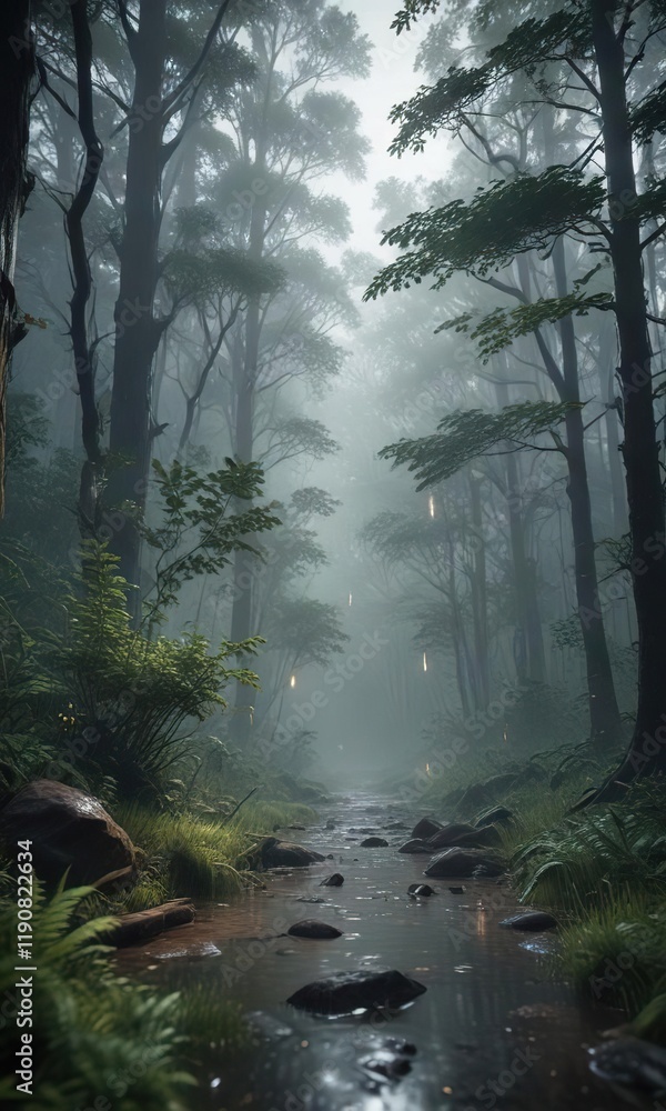 Obraz premium Dreamy atmosphere of rain falling over a dense forest, mystical, ethereal, greenery