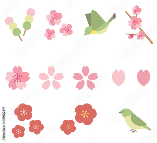 梅と桜とウグイスのかわいいイラストセット