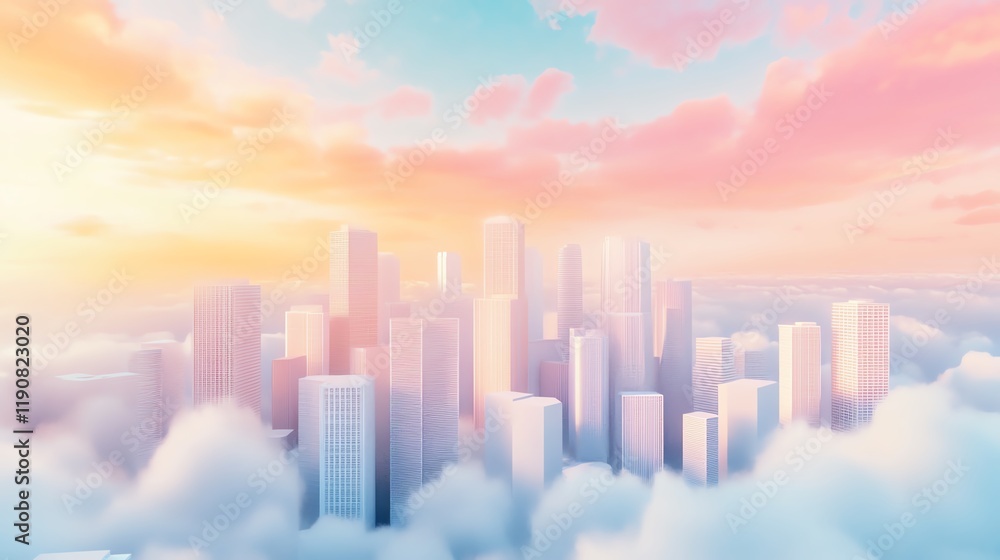 Fototapeta premium Dreamy pastel cityscape above the clouds at sunrise. Serene, peaceful, and inspiring urban landscape. Ideal for backgrounds, websites, and design projects.