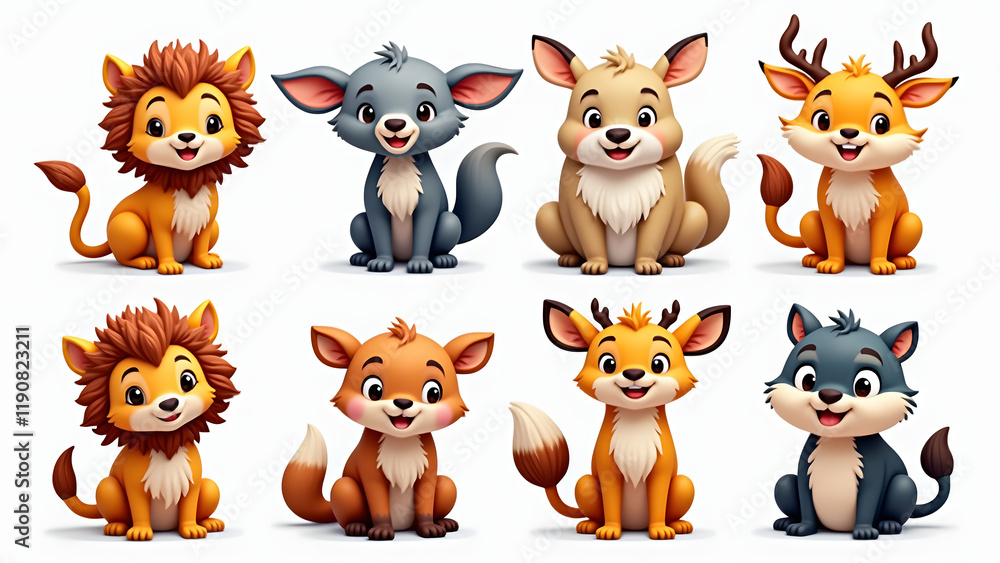 Fototapeta premium Cartoon collection of cute animals including a dog, cat, tiger, lion, cow, fox, horse, pig, and more, featuring wild and baby mammals, Generative Ai