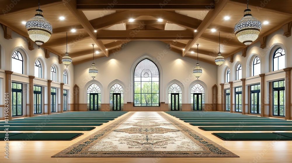 Obraz premium Spacious Interior of a Modern Prayer Hall with Ornate Lighting and Wooden Beams