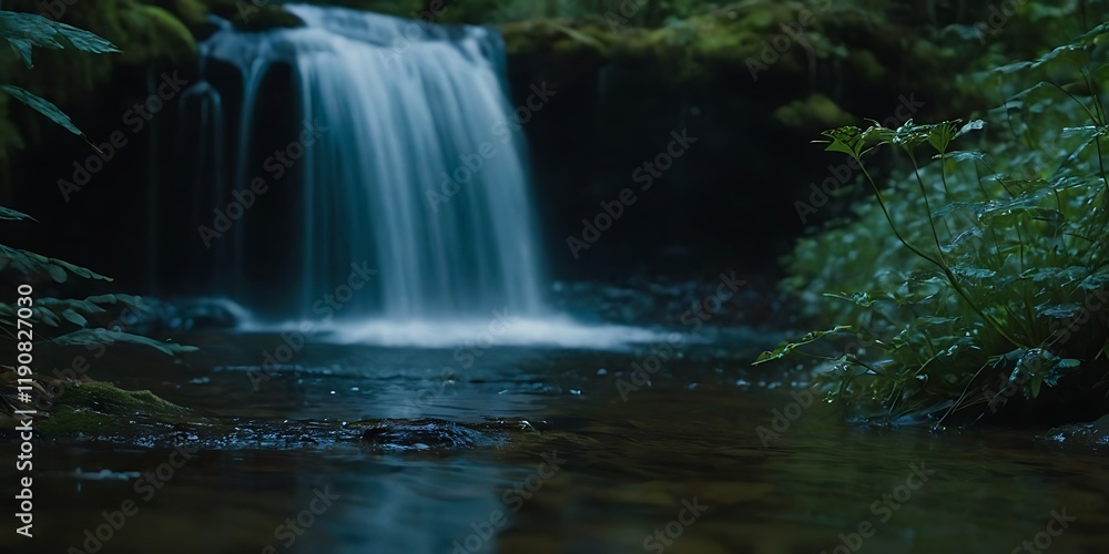 Fototapeta premium View of a towering waterfall cascading into a luminous, bioluminescent lake