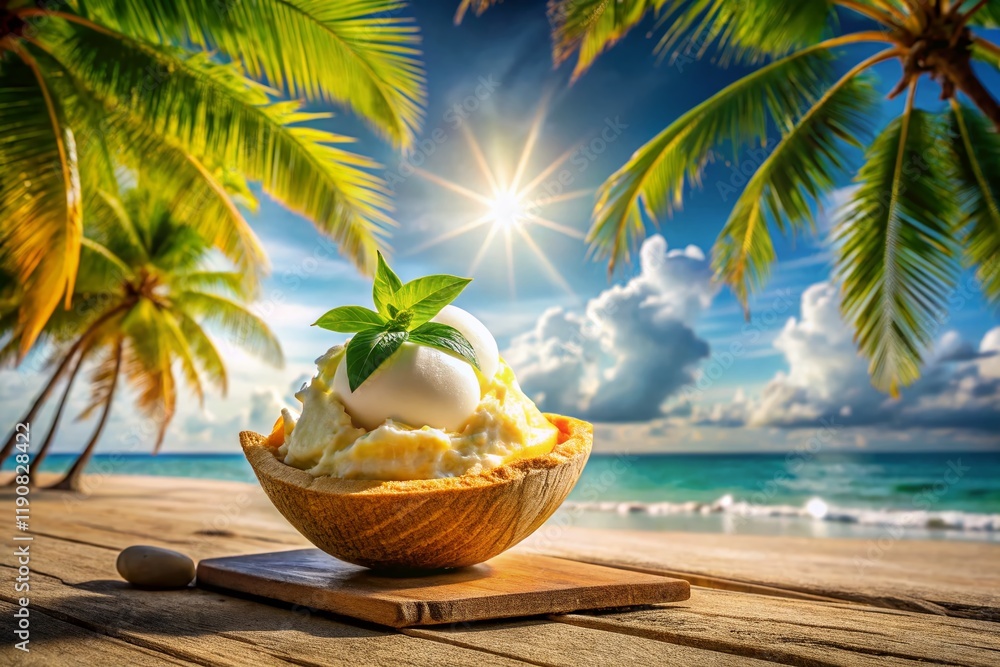 Obraz premium Tropical Paradise Coconut Ice Cream in Seashell - Delightful Thai Treat