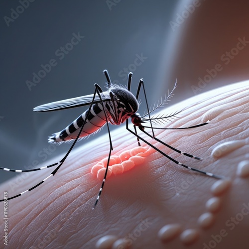  The mosquito's body displays its characteristic black and white striped legs and thorax. photo