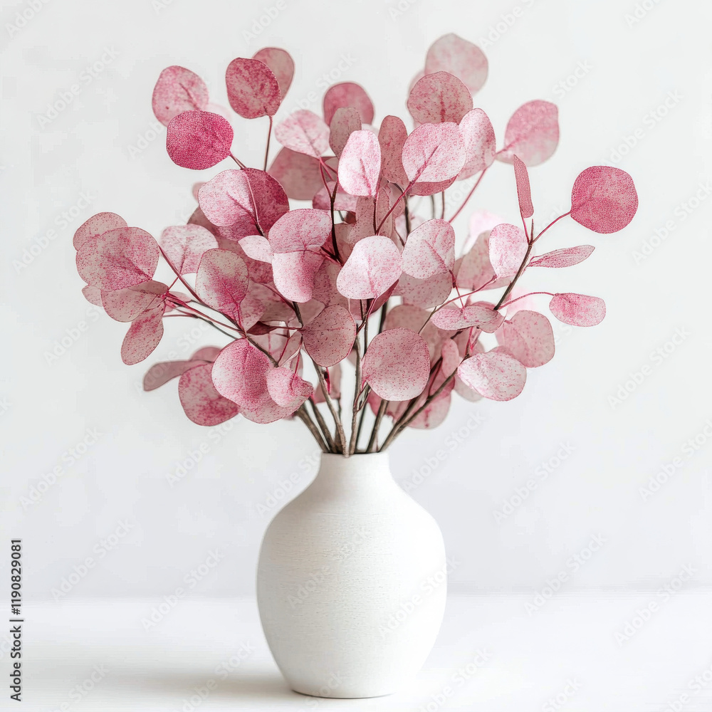 Obraz premium bouquet of pink glittery eucalyptus leaves in white vase, creating charming and elegant decor piece. Perfect for adding touch of color and style to any space