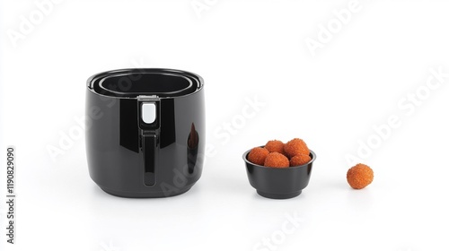 Modern air fryer with serving bowl. Generative AI photo