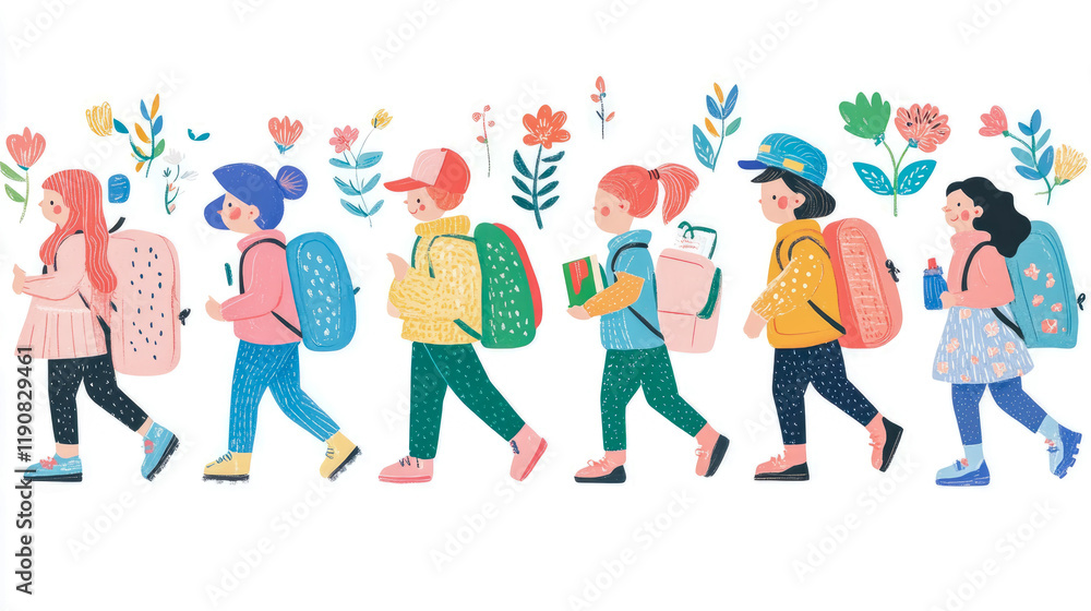 Fototapeta premium Cheerful Children Walking to School with Backpacks and Flowers Illustration