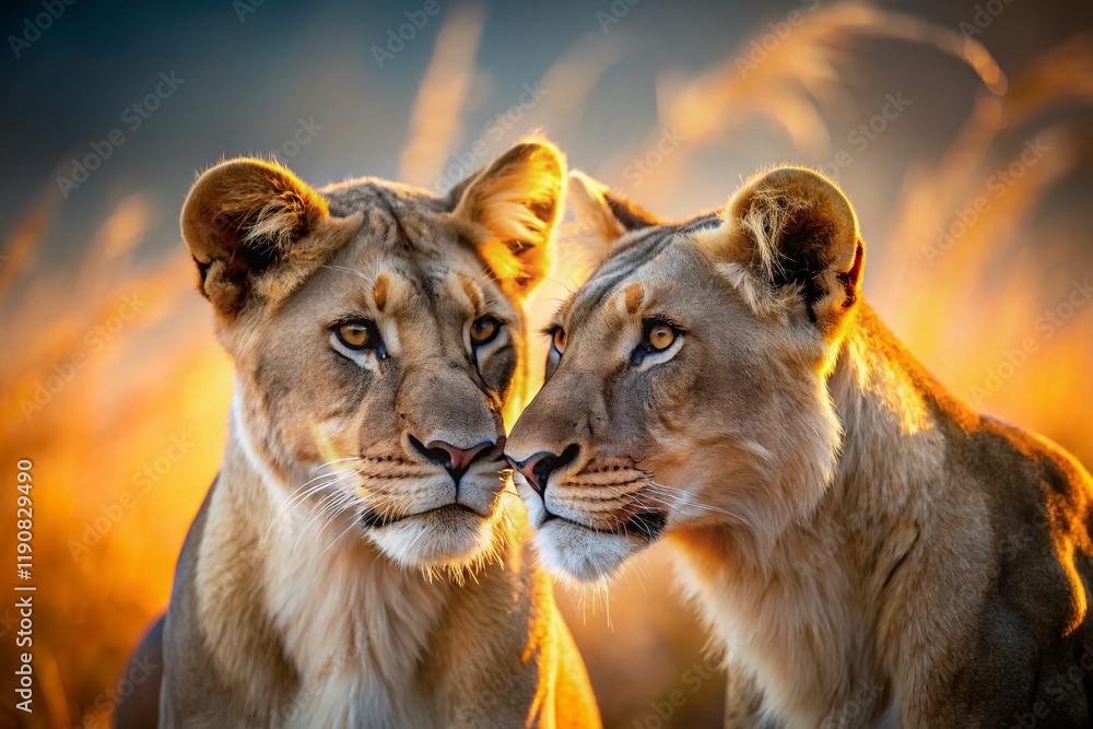 Obraz premium Two Lionesses Whispering Secrets: Close-Up Tilt-Shift Wildlife Photography