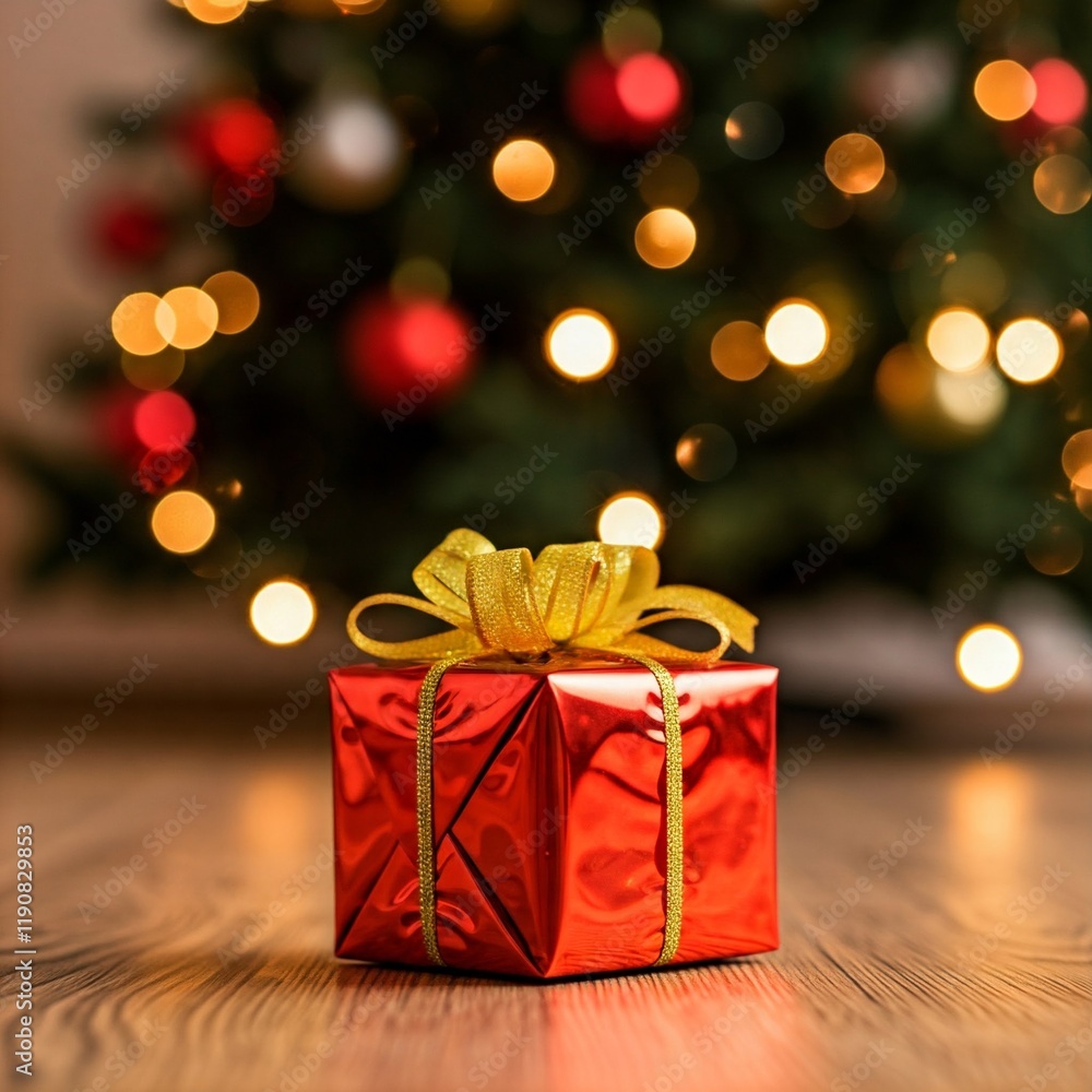 A red gift box with a gold ribbon sits in front of a beautifully decorated Christmas tree. A red gift box with a gold ribbon sits in front of a beautifully decorated Christmas tree.