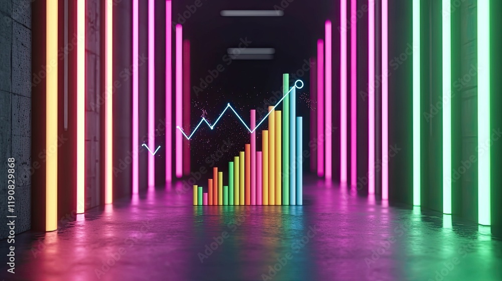 A vibrant hallway with glowing vertical lights, showcasing a colorful bar graph and line chart, symbolizing growth and data visualization. A vibrant hallway with glowing vertical lights, showcasing a colorful bar graph and line chart, symbolizing growth and data visualization.