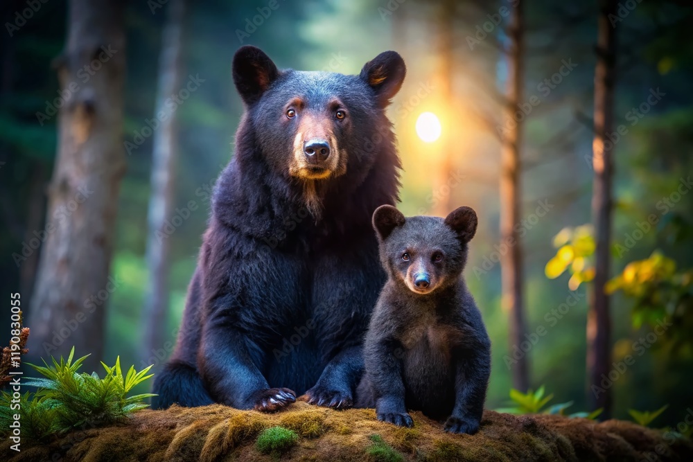 Fototapeta premium Low Light Photography: Mama & Baby Black Bear Sitting Together in the Forest