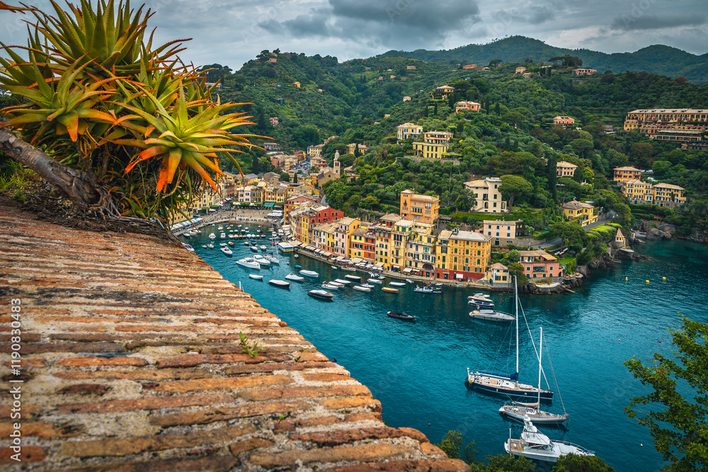 Anchored boats and yachts in the marina of Portofino, Italy