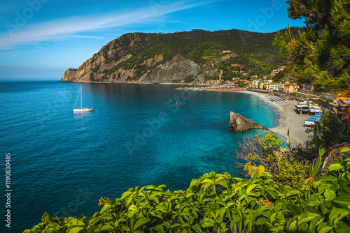 Beautiful beach view with mediterranean plants, Cinque Terre, Italy