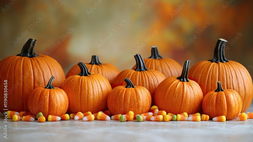 Halloween pumpkins and candy corn arranged on a white wooden surface, offering a clean background for festive designs Halloween pumpkins and candy corn arranged on a white wooden surface, offering a clean background for festive designs