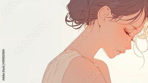 Profile of a young woman with her hair up in a bun, looking down, with soft lighting and a delicate, painterly style, digital illustration with warm, muted colors.