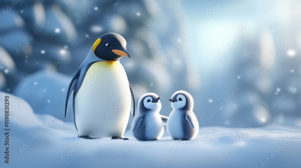 Fototapeta premium Penguin family with babies in a snowy Arctic winter landscape, serene and heartwarming