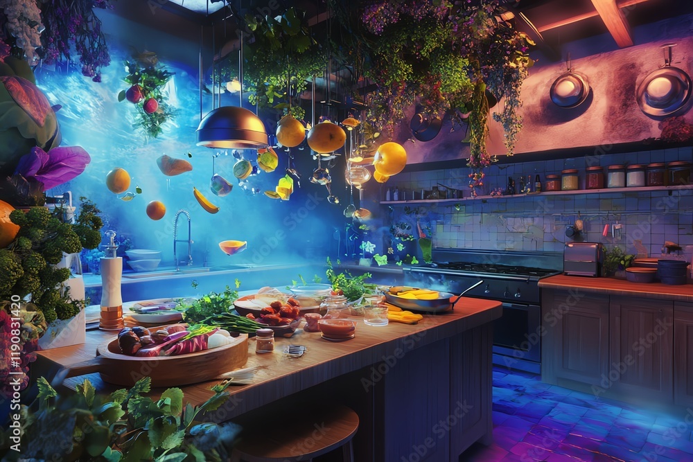 Fototapeta premium Surreal kitchen scene with floating fruits, vegetables, and fish. Vibrant colors and whimsical elements create a magical cooking space.