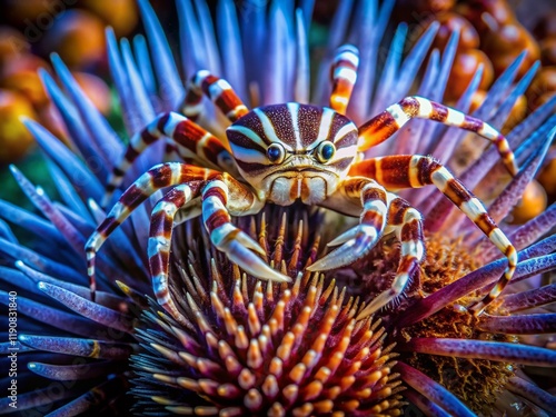 Low Light Zebra Crab on Fire Urchin, Banda Sea, Indonesia - Underwater Macro Photography photo