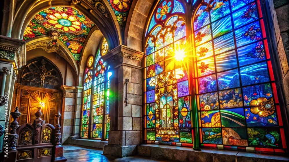 Obraz premium Luminous Portuguese Church Stained Glass Window, Detailed Close-up, High Depth of Field