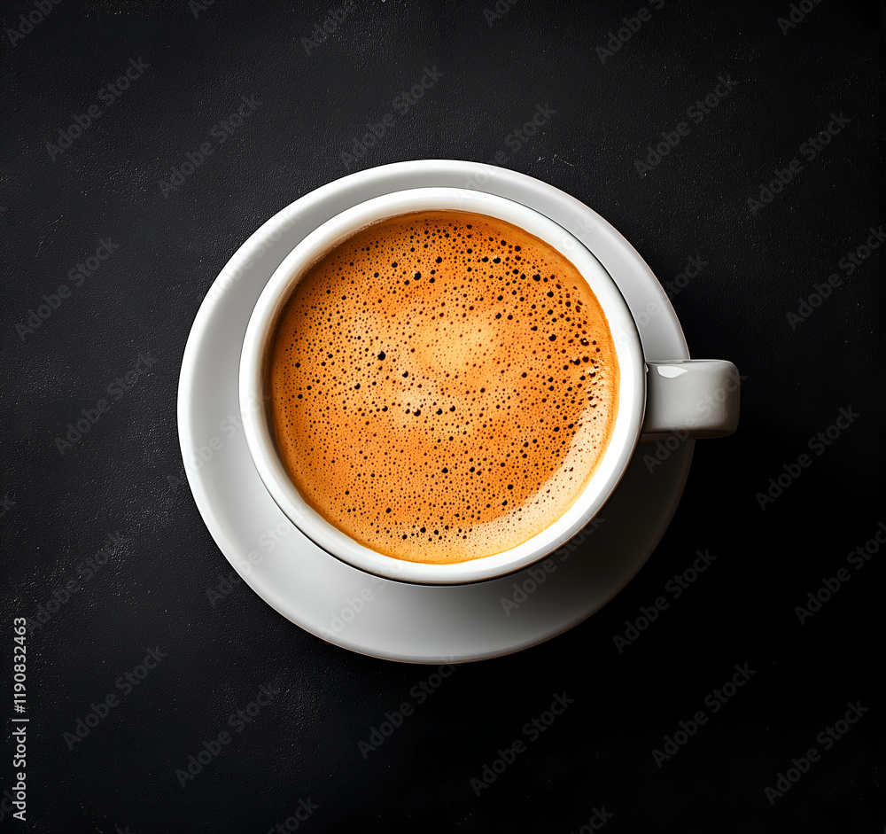 Fototapeta premium white cup of black coffee with bubbles and brown beans floating on the surface, in a white mug