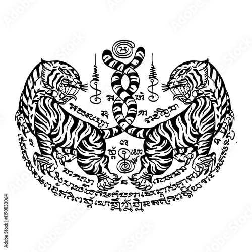 "Yant Suea Khu" is a Thai traditional tattoo featuring the image of two tiger, The meaning is power, courage, and protection. 