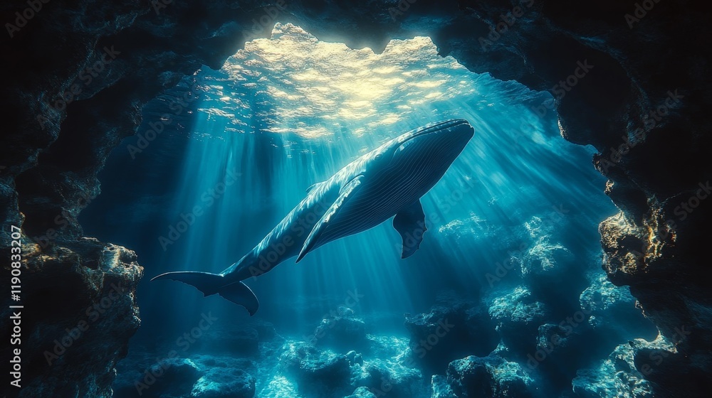 Naklejka premium Whale Swimming Through a Sunlit Underwater Cave. Generative AI