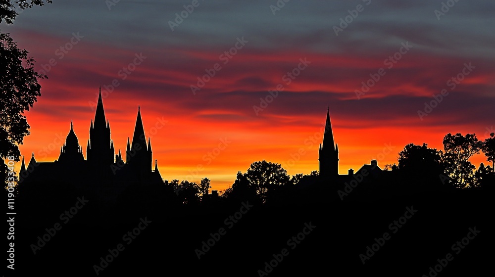 Naklejka premium Silhouette of Churches at Sunset, Dramatic Sky, Gothic Architecture