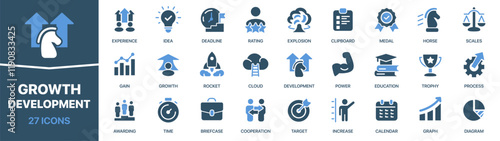 Growth and development colored signed icon collection. Rocket, success, target, cooperation icons. UI icon set. Colored icons pack. Vector illustration EPS10