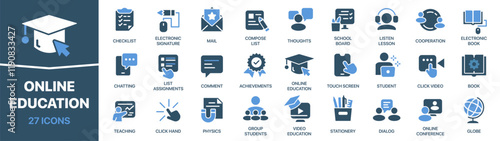 Online education colored signed icon collection. Education, school, knowledge, learning icons. UI icon set. Colored icons pack. Vector illustration EPS10