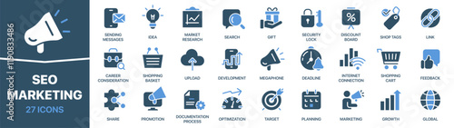 Seo and marketing colored signed icon collection. Promotion, targeting, feedback, shopping icons. UI icon set. Colored icons pack. Vector illustration EPS10