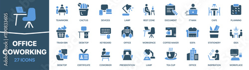 Office and coworking colored signed icon collection. Teamwork, desktop, workspace, cafe icons. UI icon set. Colored icons pack. Vector illustration EPS10