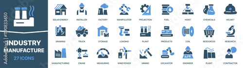 Industry and manufacture colored signed icon collection. Factory, plant, production, crane icons. UI icon set. Colored icons pack. Vector illustration EPS10