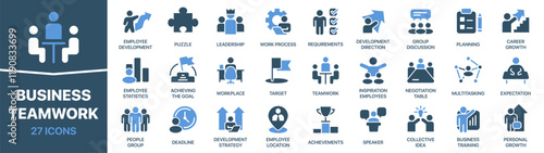 Business and teamwork colored signed icon collection. Leadership, management, career, workplace icons. UI icon set. Colored icons pack. Vector illustration EPS10