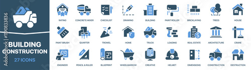 Building and construction colored signed icon collection. House, build, engineer, crane icons. UI icon set. Colored icons pack. Vector illustration EPS10