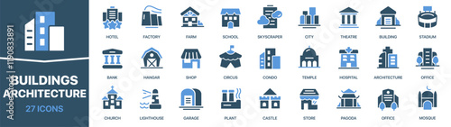 Buildings and architecture colored signed icon collection. Farm, city, temple, shop, office, bank icons. UI icon set. Colored icons pack. Vector illustration EPS10