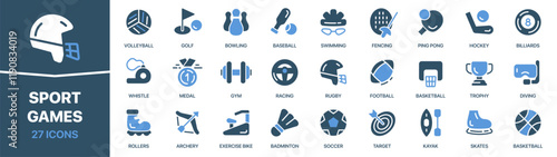 Sport and games colored signed icon collection. Football, gym, baseball, bowling, soccer, basketball icons. UI icon set. Colored icons pack. Vector illustration EPS10