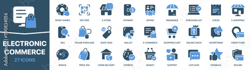 Electronic commerce colored signed icon collection. Shopping, tag, basket, delivery, feedback icons. UI icon set. Colored icons pack. Vector illustration EPS10