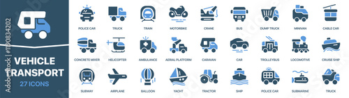 Vehicle and transport colored signed icon collection. Car, train, ship, plane, trolleybus, truck icons. UI icon set. Colored icons pack. Vector illustration EPS10