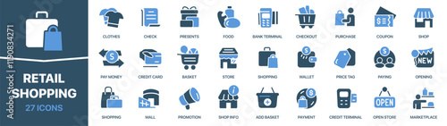 Shopping and retail colored signed icon collection. Store, shop, promotion, purchase, wallet icons. UI icon set. Colored icons pack. Vector illustration EPS10