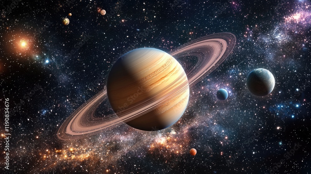 Naklejka premium Stunning View of Saturn and Surrounding Moons in Vast Cosmic Landscape