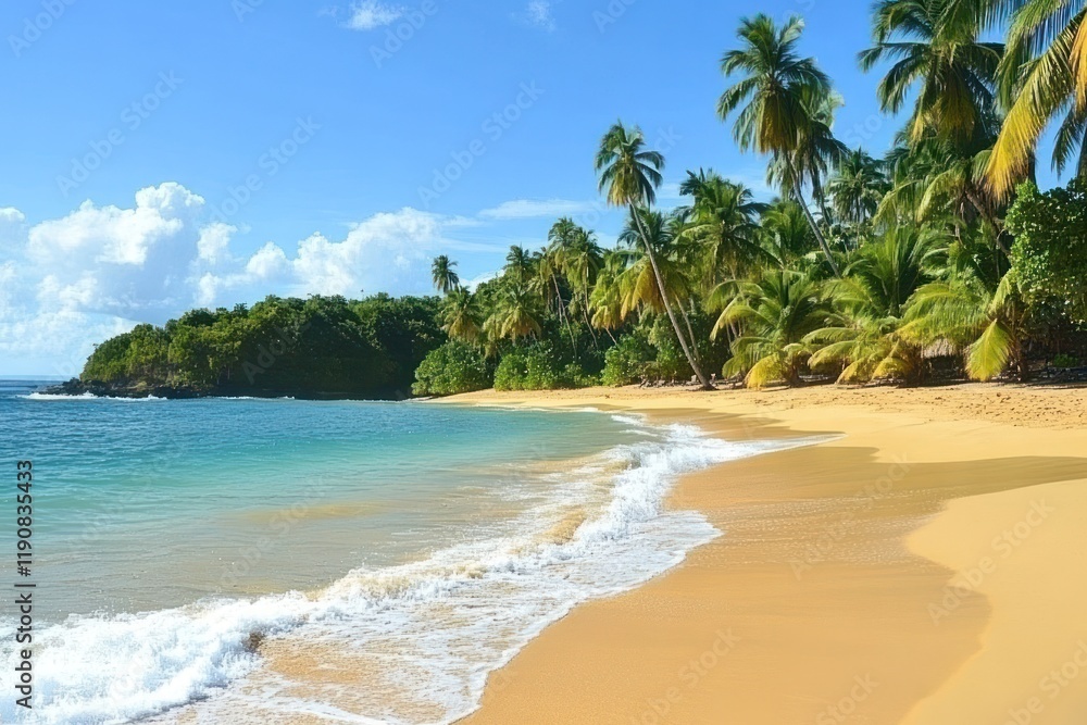 Fototapeta premium Tropical beach paradise; palm trees, clear water, golden sand. Vacation travel background