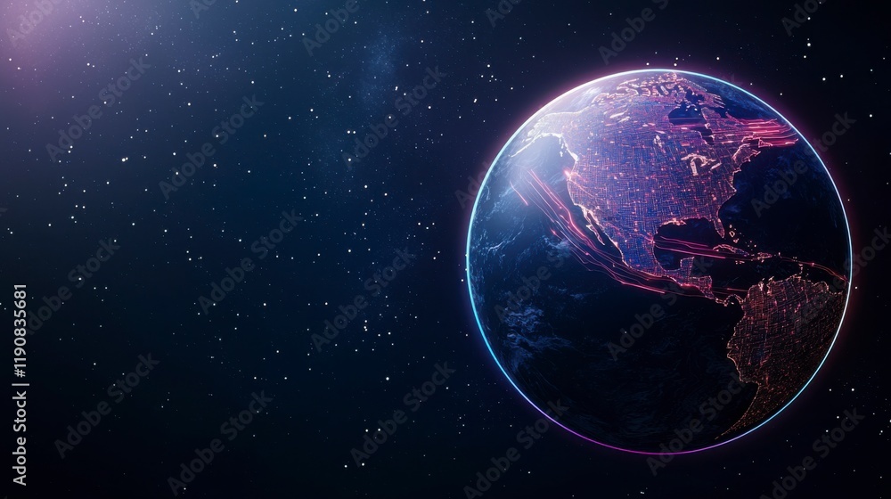 Obraz premium Futuristic 3D Globe with Data Streams Orbiting in Space, Showcasing Digital Connectivity and Technological Advancements in a Vibrant Visual Presentation